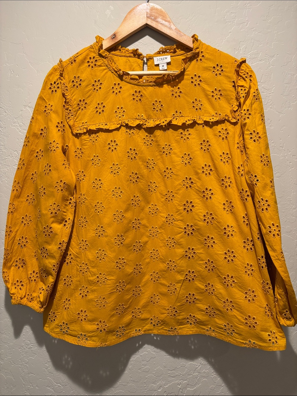 J. Crew Mustard Eyelet Ruffle Neck Blouse